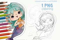 Chibi mermaid PNG digi stamp| Mermaid coloring page Product Image 1