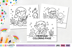 Printable mermaid coloring page for kids featuring a cute underwater scene