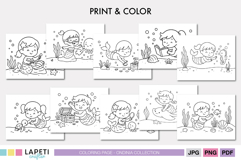 Mermaid coloring sheet with seashells and ocean background, perfect for kids