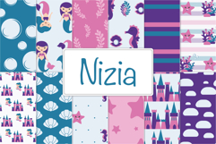 Set of 12 mermaid digital papers with bubbles, castles, shells, seahorses and coral in pink, blue and purple tones