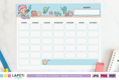 Cute mermaid kids perpetual calendar printable with ocean animals and notes section.