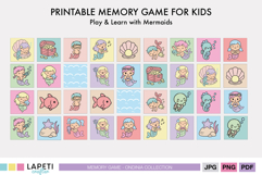 Full set of 36 printable memory cards with kawaii mermaids, shells, fish, and other ocean-themed illustrations.