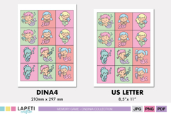 Printable memory game for children in A4 and US Letter formats with colorful mermaid illustrations.