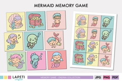 Mermaid memory game printable with 36 matching cards featuring cute mermaids and sea creatures in pastel colors.