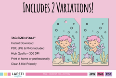 Mermaid party tags featuring “Swim &amp; Smile” text and cute underwater elements, ideal for favors.