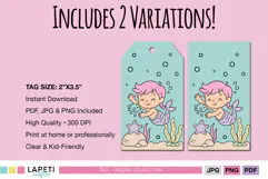 Mermaid party tags featuring “Swim & Smile” text and cute underwater elements, ideal for favors.