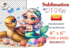 Cute mermaid girl blowing bubbles while riding a sea turtle, surrounded by pastel shells, perfect for kids’ sublimation, nursery decor, and ocean-themed crafts.