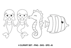 Cute mermaid seahorse and tropical fish line art illustrations