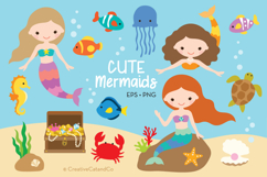 cute mermaid and friends under the sea eps and png clip art