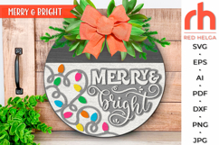 merry and bright svg, string lights svg, xmas garland silhouette, welcome sign svg, christmas circle svg, christmas door sign svg, round hanging sign svg, laser cut file, layered xmas sign svg, christmas hanger svg, christmas porch sign svg