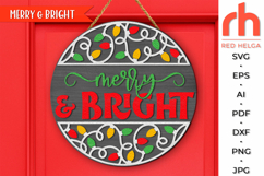 merry and bright svg, string lights svg, xmas garland silhouette, welcome sign svg, christmas circle svg, christmas door sign svg, round hanging sign svg, laser cut file, layered xmas sign svg, christmas hanger svg, christmas porch sign svg