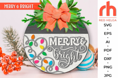 merry and bright svg, string lights svg, xmas garland silhouette, welcome sign svg, christmas circle svg, christmas door sign svg, round hanging sign svg, laser cut file, layered xmas sign svg, christmas hanger svg, christmas porch sign svg