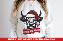 Merry and bright quote with a cow. Sublimation PNG. Product Image 1