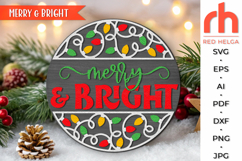 merry and bright svg, string lights svg, xmas garland silhouette, welcome sign svg, christmas circle svg, christmas door sign svg, round hanging sign svg, laser cut file, layered xmas sign svg, christmas hanger svg, christmas porch sign svg