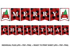 Printable Merry Christmas banner with red truck and buffalo plaid flags, perfect for rustic farmhouse Christmas decor.