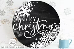 Merry Christmas With Snowflakes SVG | Farmhouse Round Design Product Image 2