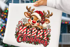 Merry Christmas Reindeer PNG | Cute Santa Hat & Candy Cane Product Image 3