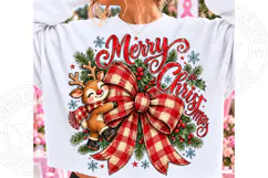 Merry Christmas Reindeer PNG | Buffalo Plaid Bow Sublimation Product Image 1