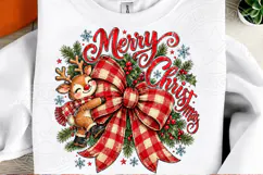 Merry Christmas Reindeer PNG | Buffalo Plaid Bow Sublimation Product Image 2