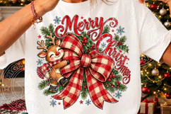Merry Christmas Reindeer PNG | Buffalo Plaid Bow Sublimation Product Image 3