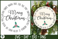 Merry Christmas SVG being shown on a round wooden sign
