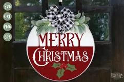 Merry Christmas text with holly shown as a door hanger, half white and half red