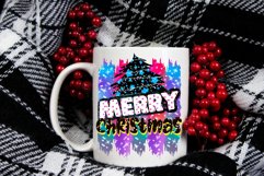 Merry Christmas sublimation design with a black decorated Christmas tree drawing on a colorful background on a white coffee mug