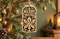 Merry Christmas Tag SVG, Laser Cut Holly Berry Tag Product Image 1