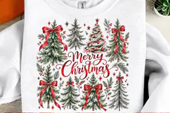 Merry Christmas Trees Vintage Evergreen & Red Bow Holiday PN Product Image 2