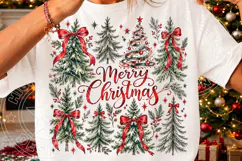 Merry Christmas Trees Vintage Evergreen & Red Bow Holiday PN Product Image 3