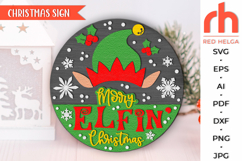 merry elfin christmas, cute santa elf svg, elf hat silhouette, santa sack sign svg, welcome sign svg, christmas hanger svg, xmas door sign svg, seasonal sign svg, laser cut file, layered xmas sign, winter round sign svg, glowforge cut file