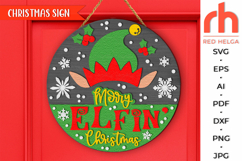 merry elfin christmas, cute santa elf svg, elf hat silhouette, santa sack sign svg, welcome sign svg, christmas hanger svg, xmas door sign svg, seasonal sign svg, laser cut file, layered xmas sign, winter round sign svg, glowforge cut file