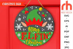 merry elfin christmas, cute santa elf svg, elf hat silhouette, santa sack sign svg, welcome sign svg, christmas hanger svg, xmas door sign svg, seasonal sign svg, laser cut file, layered xmas sign, winter round sign svg, glowforge cut file