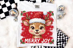 Merry Joy Christmas PNG, Retro Cute Reindeer Santa Hat Shirt Product Image 2
