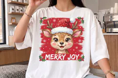 Merry Joy Christmas PNG, Retro Cute Reindeer Santa Hat Shirt Product Image 4
