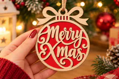 Merry Xmas Bauble Laser Cut Wood File, Christmas Ornament Product Image 1