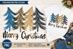 Merry Christmas Trees PNG, Blue Gold Leopard Sublimation png Product Image 1