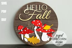 Hello Fall Wood Round SVG | Amanita Mushrooms Door Hanger Product Image 1
