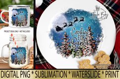 Milk and Cookies for Santa Sublimation Bundle PNG Watercolor Christmas Landscape with Santa and his Reindeer flying in the Christmas Moonlit Night sky