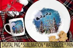 Milk and Cookies for Santa Sublimation Bundle PNG Watercolor Christmas Landscape with Santa and his Reindeer flying in the Christmas Moonlit Night sky