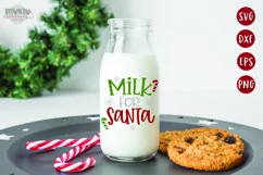 Milk for Santa phrase with snowflakes and candy canes shown on a glass milk bottle