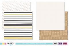 Cozy digital papers featuring mustard hearts, plaid pattern, and soft beige grid design