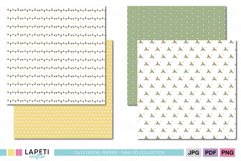 Cozy Christmas digital papers in warm green and yellow shades with simple seasonal motifs for scrapbooking and crafts.