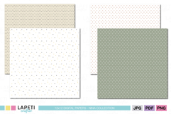 Minimal Christmas scrapbook paper set with dots, stars, and geometric neutral backgrounds in beige, sage, and soft tones, perfect for crafts and printing.