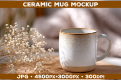 Ceramic Mug Mockup on Wooden Table with Cozy Home Aesthetic Product Image 1