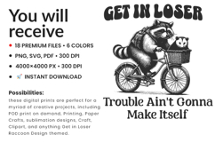 Get in Loser SVG, Raccoon Clipart, Funny Animal SVG, Mischief Shirt Design, Cycling Raccoon PNG, Biker Raccoon SVG, Funny Quote SVG, Animal Mischief Clipart, Raccoon on Bike, Funny SVG Bundle