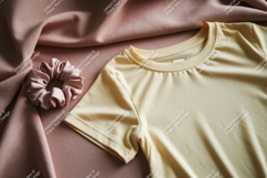 Pale yellow t shirt with pink scrunchie mockup Product Image 1