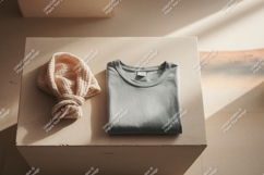 Folded light blue t shirt and peach fabric image Product Image 1