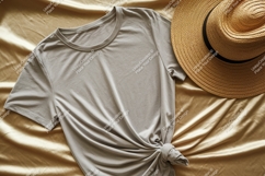 Neutral t shirt straw hat golden fabric mockup image Product Image 1