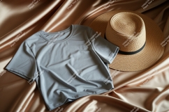 Grey t shirt straw hat mockup image Product Image 1